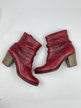 Tamaris Leather Ankle Heeled Boots Dark Red Buckle Block Heel 40 Lined Grunge